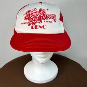 Vtg Winner Casino Hat- Trucker Snapback- Red White some staining- Sands Regency